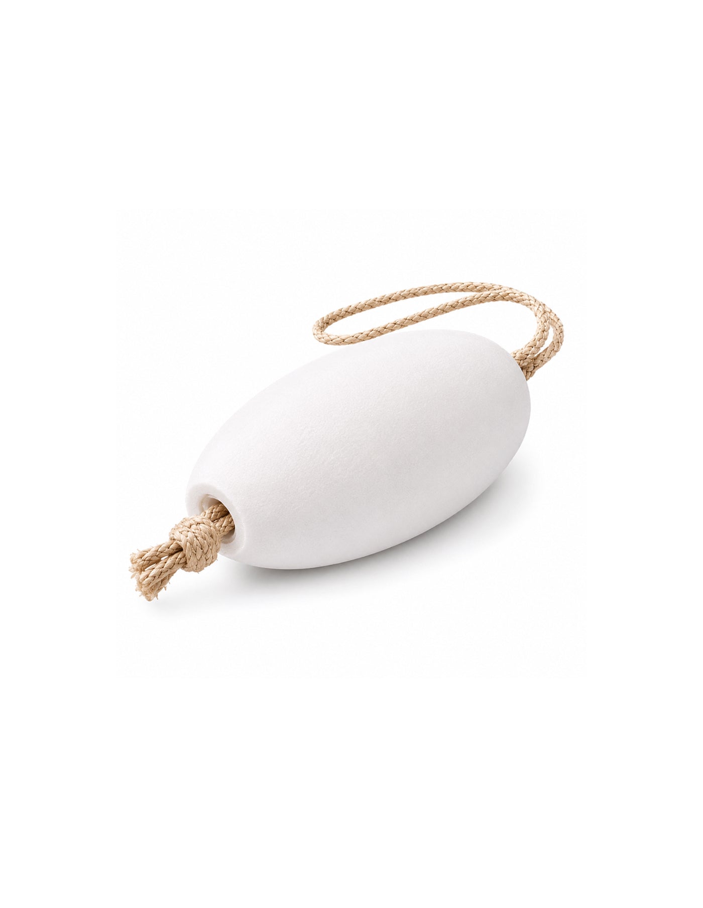 A white wooden float with a natural beige rope loop and tied end, shown on a clean white background.