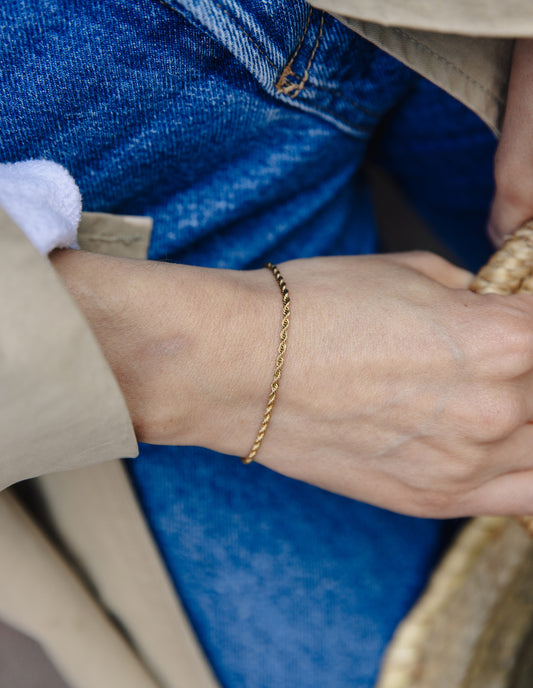 Gold 2mm Rope Twist Bracelet, Tarnish-Free Gold Plating