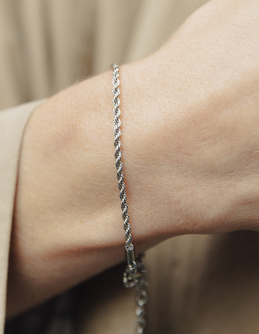 Silver 2mm Rope Twist Bracelet, Tarnish-Free Silver Plating