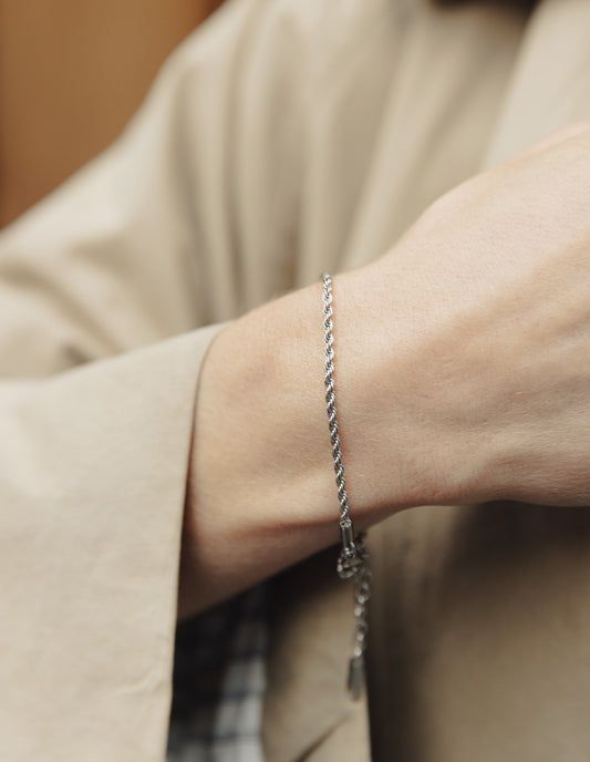 Silver 2mm Rope Twist Bracelet, Tarnish-Free Silver Plating