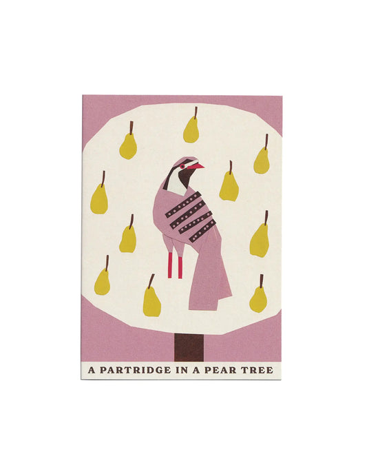 Illustration of a partridge in a pear tree on a pink background