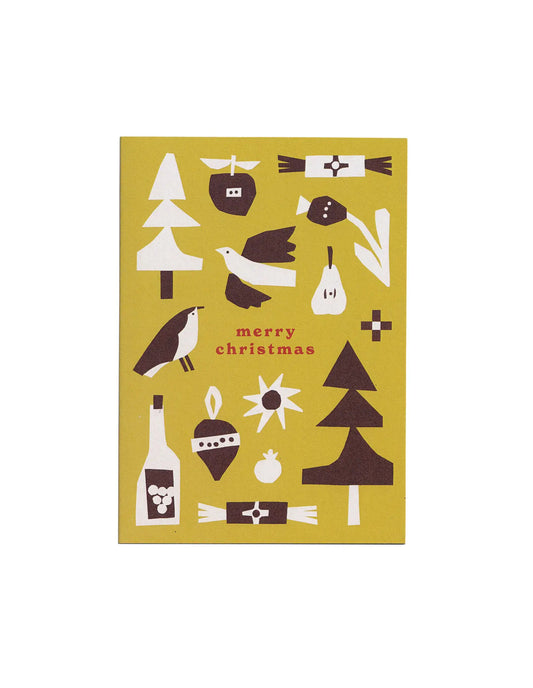 Christmas-themed card with various icons on a yellow background