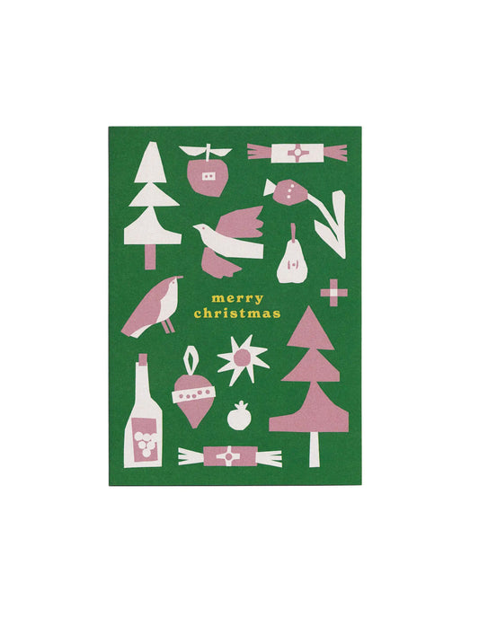 Green Christmas-themed card with festive illustrations and 'Merry Christmas' text.