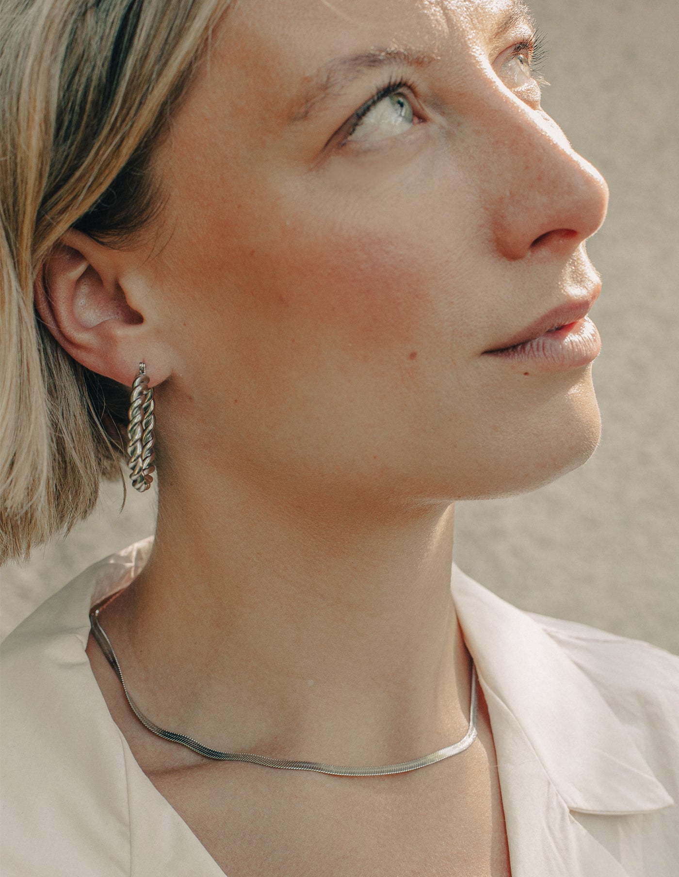 Silver Twist Hoop Earrings, Waterproof