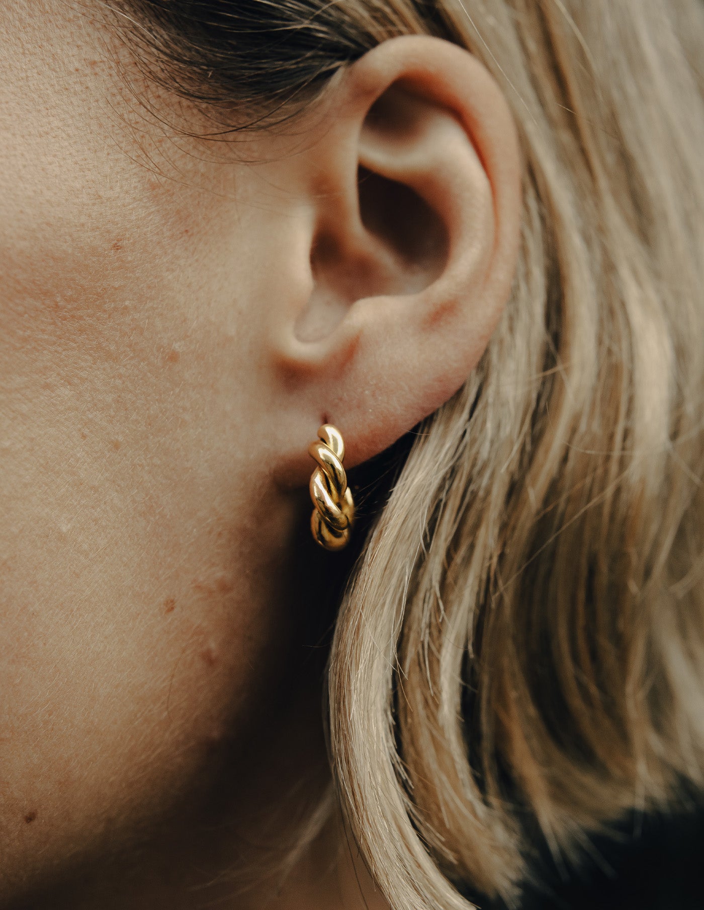 Gold Ridge Twist Hoop Earrings, Waterproof
