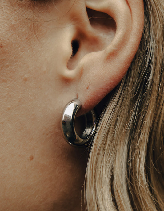 Silver Medium Leverback Bold Hoop Earrings, Waterproof