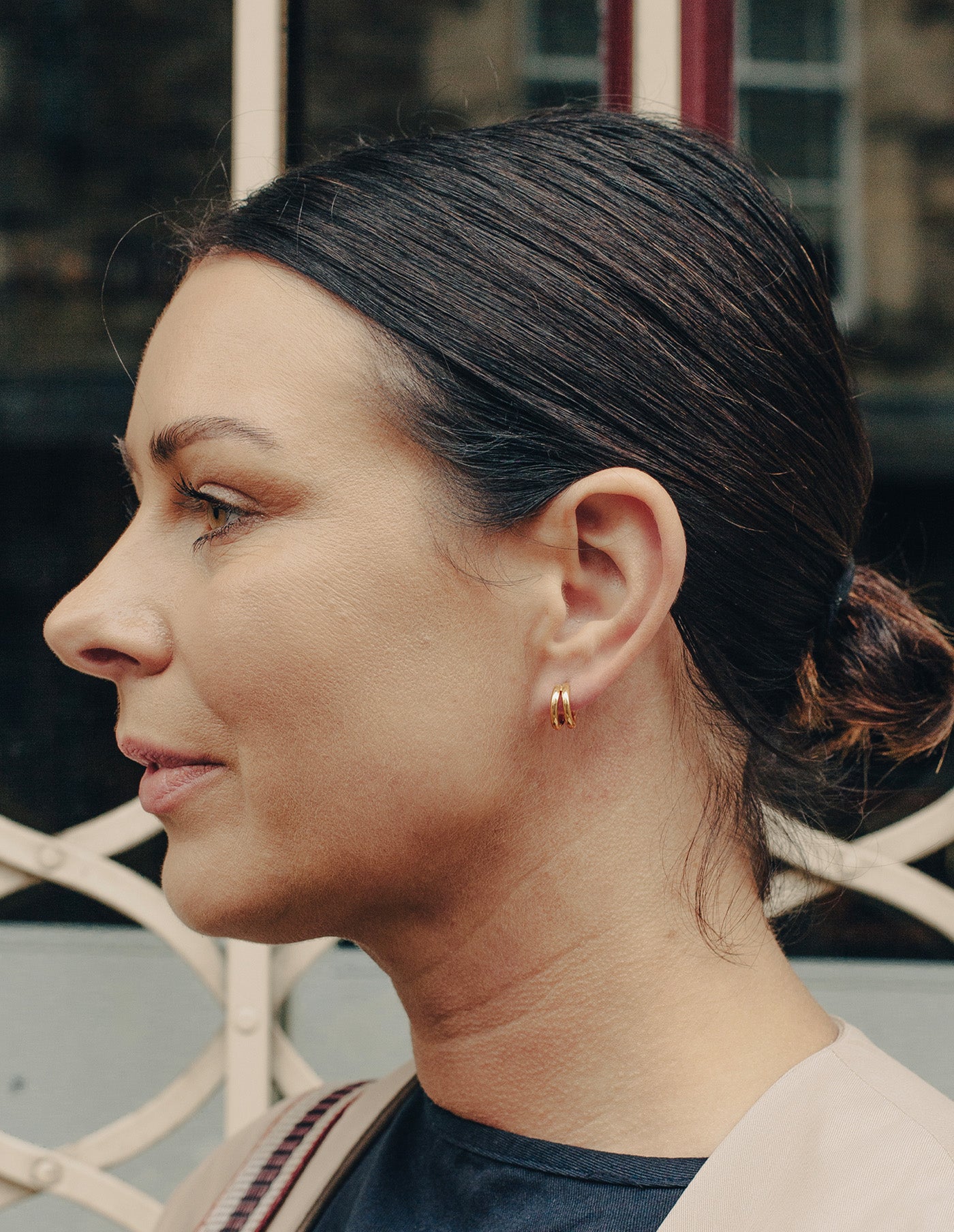 Gold Double Layer Huggie Hoop Earrings, Tarnish-Free Gold Plating