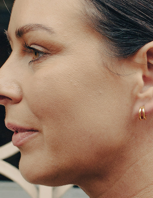 Gold Double Layer Huggie Hoop Earrings, Tarnish-Free Gold Plating