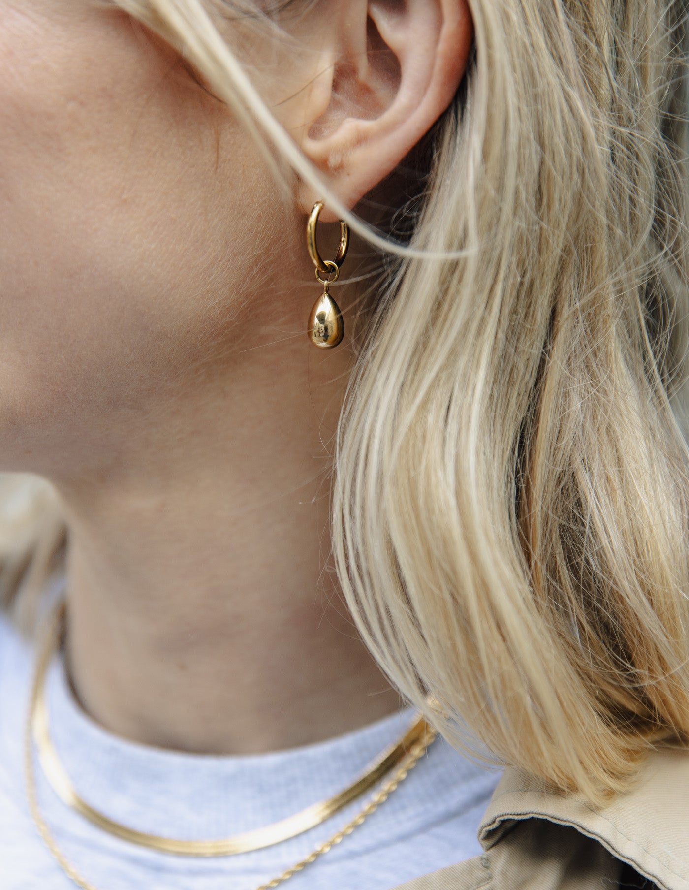 Gold Drop Hoop Earrings, Tarnish-Free Gold Plating