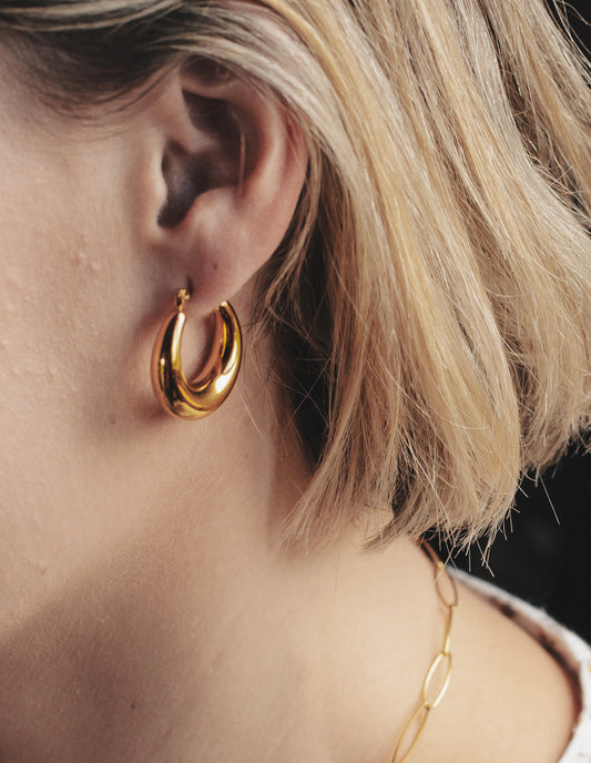 Gold Crescent Hoop Earrings, Tarnish-Free Gold Plating