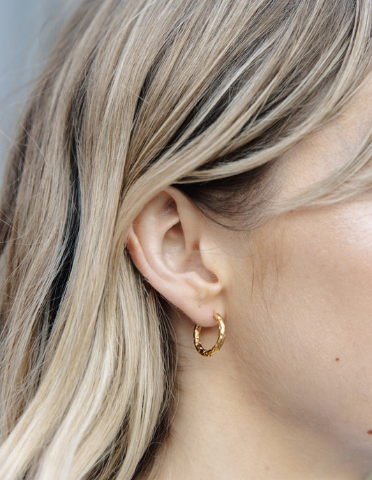 Gold Hammered Hoop Earrings, Tarnish-Free Gold Plating