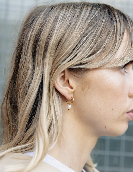 Gold Pearl Drop Hoop Earrings, Tarnish-Free Gold Plating