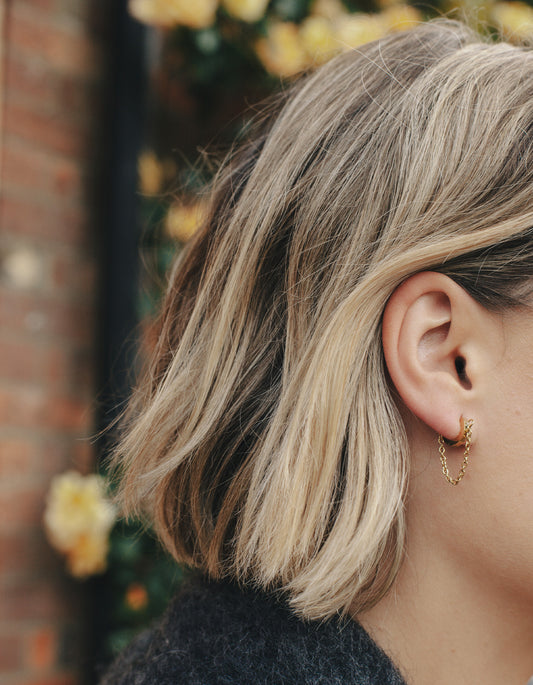 Gold Chain Huggie Flat Hoop Earrings, Tarnish-Free Gold Plating