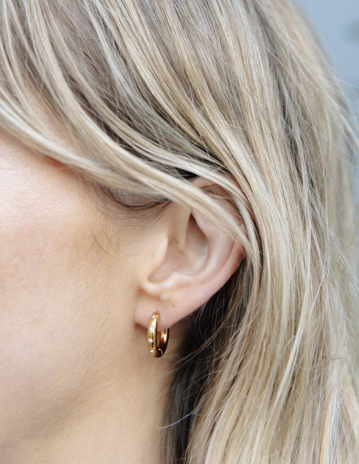 Gold Small Stone Embossed Hoop Earrings, Tarnish-Free Gold Plating