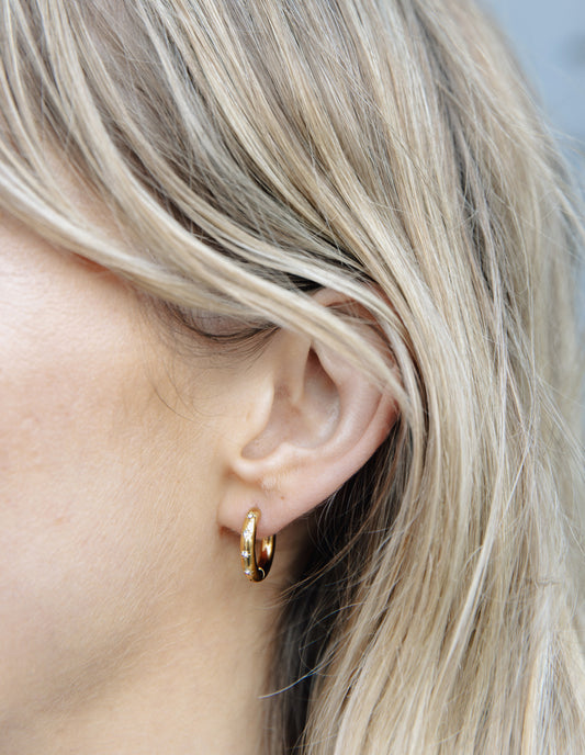Gold Small Stone Embossed Hoop Earrings, Tarnish-Free Gold Plating