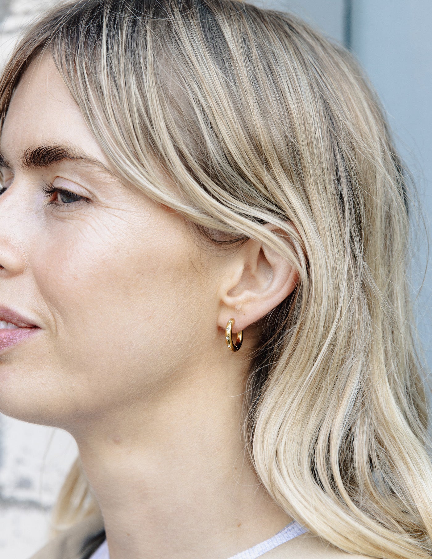 Gold Small Stone Embossed Hoop Earrings, Tarnish-Free Gold Plating