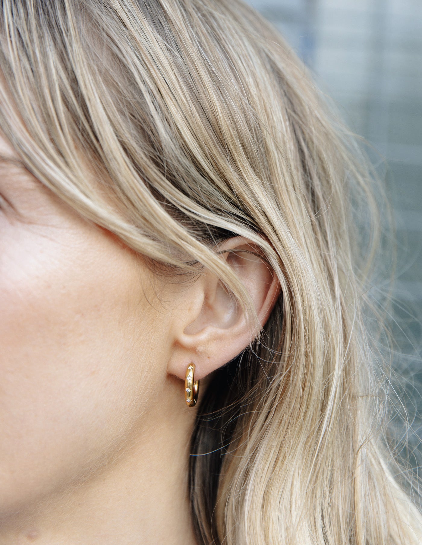 Gold Small Stone Embossed Hoop Earrings, Tarnish-Free Gold Plating