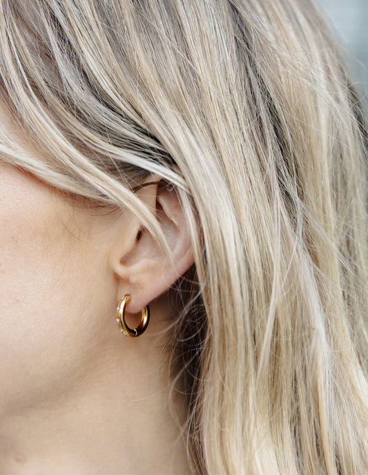 Gold Small Stone Embossed Hoop Earrings, Tarnish-Free Gold Plating