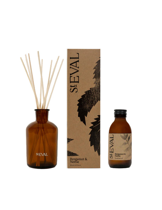 St. Eval diffuser set with bottle, reeds, and packaging on a white background