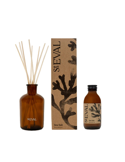 St. Eval Sea Salt diffuser set with bottle, reeds, and packaging on a white background
