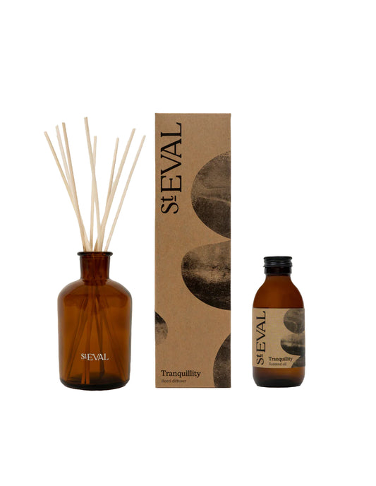 SIEVAL diffuser set with brown bottle, reeds, and packaging on a white background