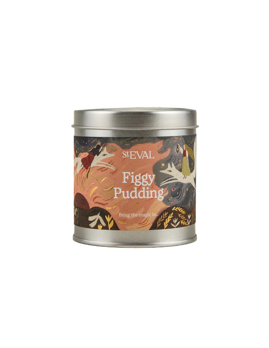 Tin of Figgy Pudding with decorative label on a white background