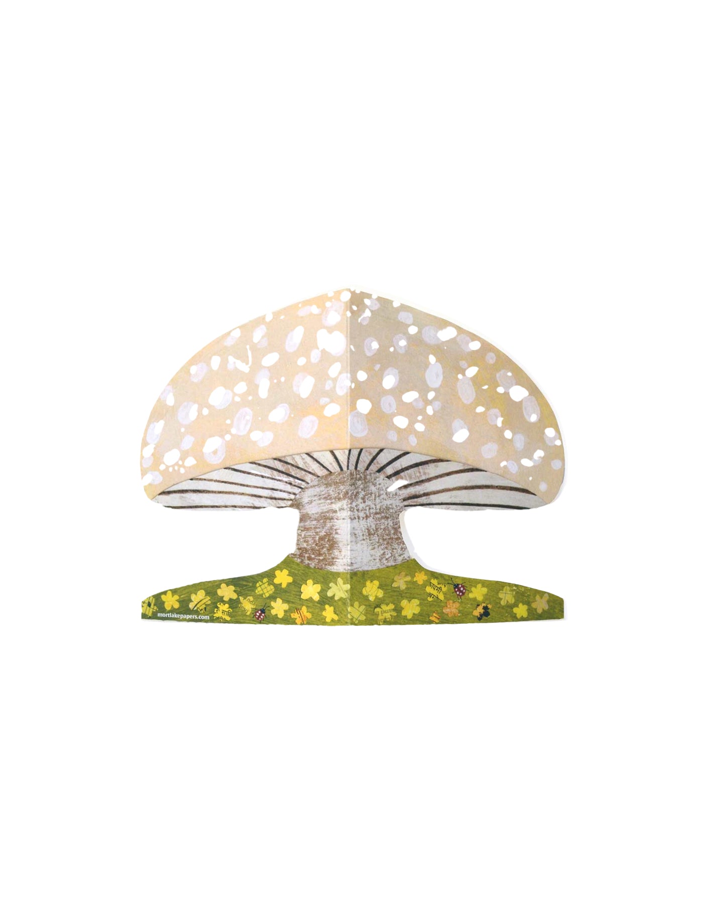 Mushroom-shaped lamp with a white perforated shade and green base on a white background