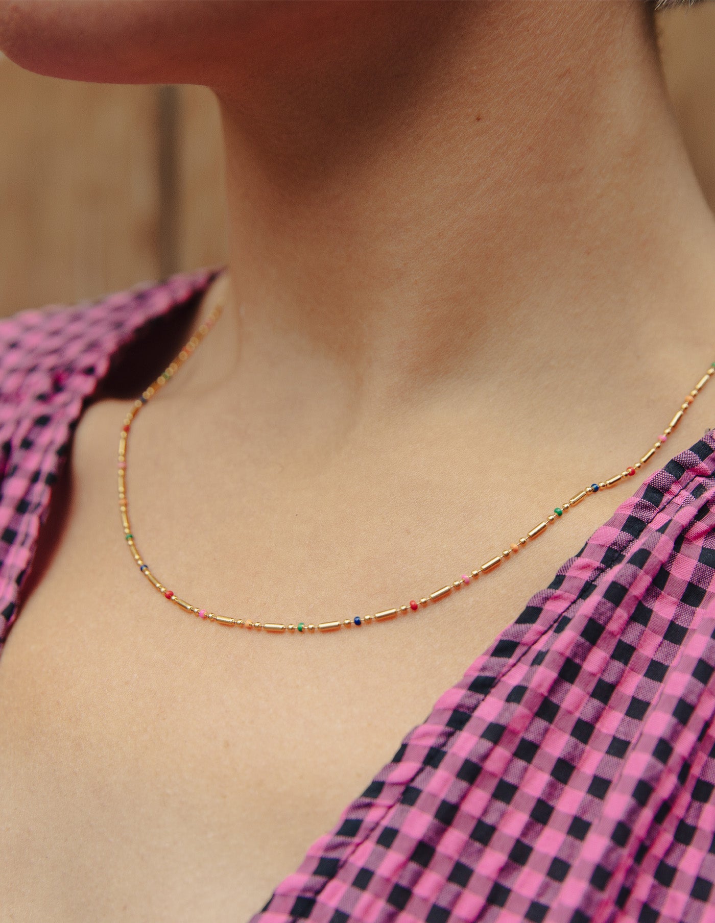 Gold Enamel Bead Necklace, Tarnish-Free Gold Plating
