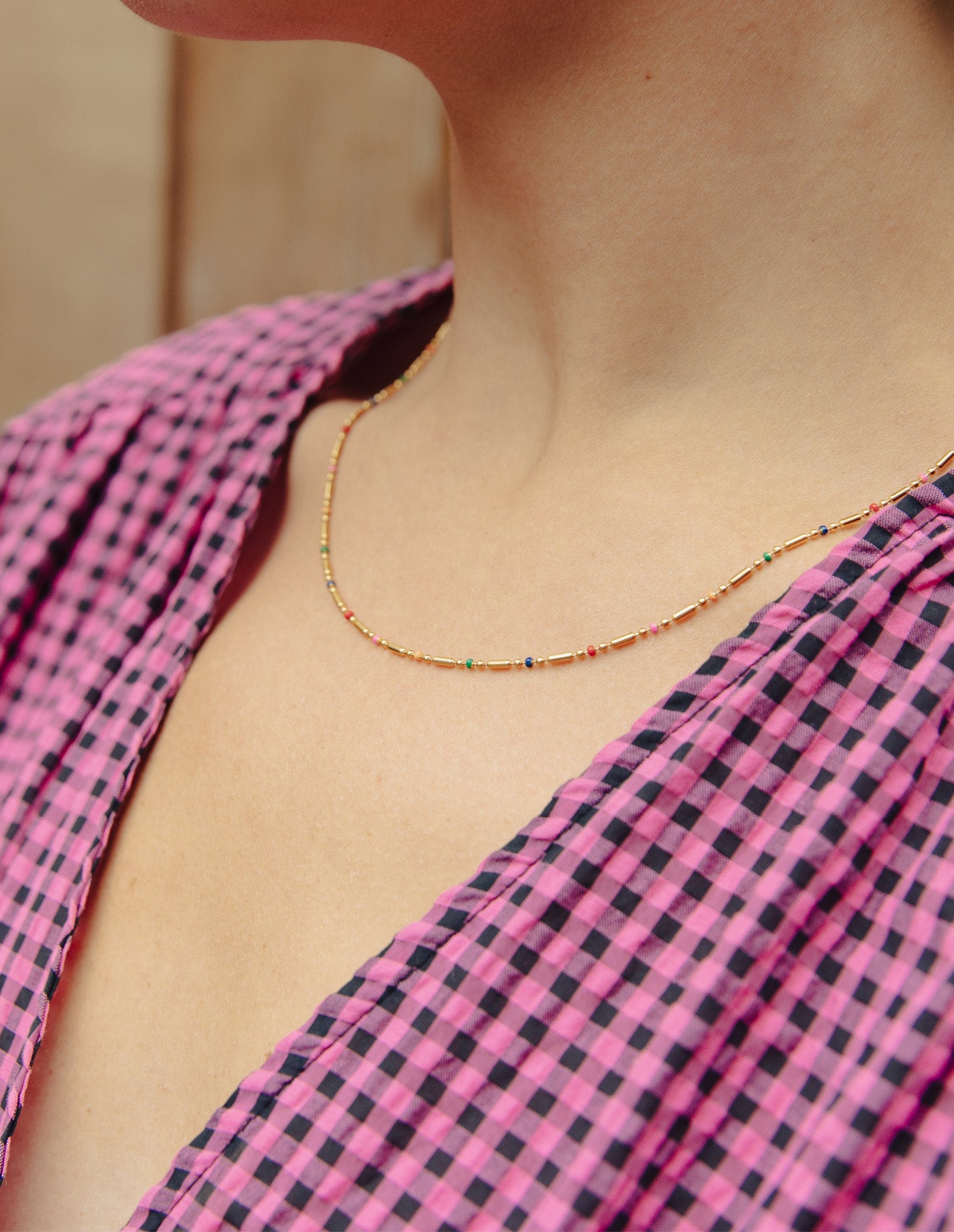 Gold Enamel Bead Necklace, Tarnish-Free Gold Plating