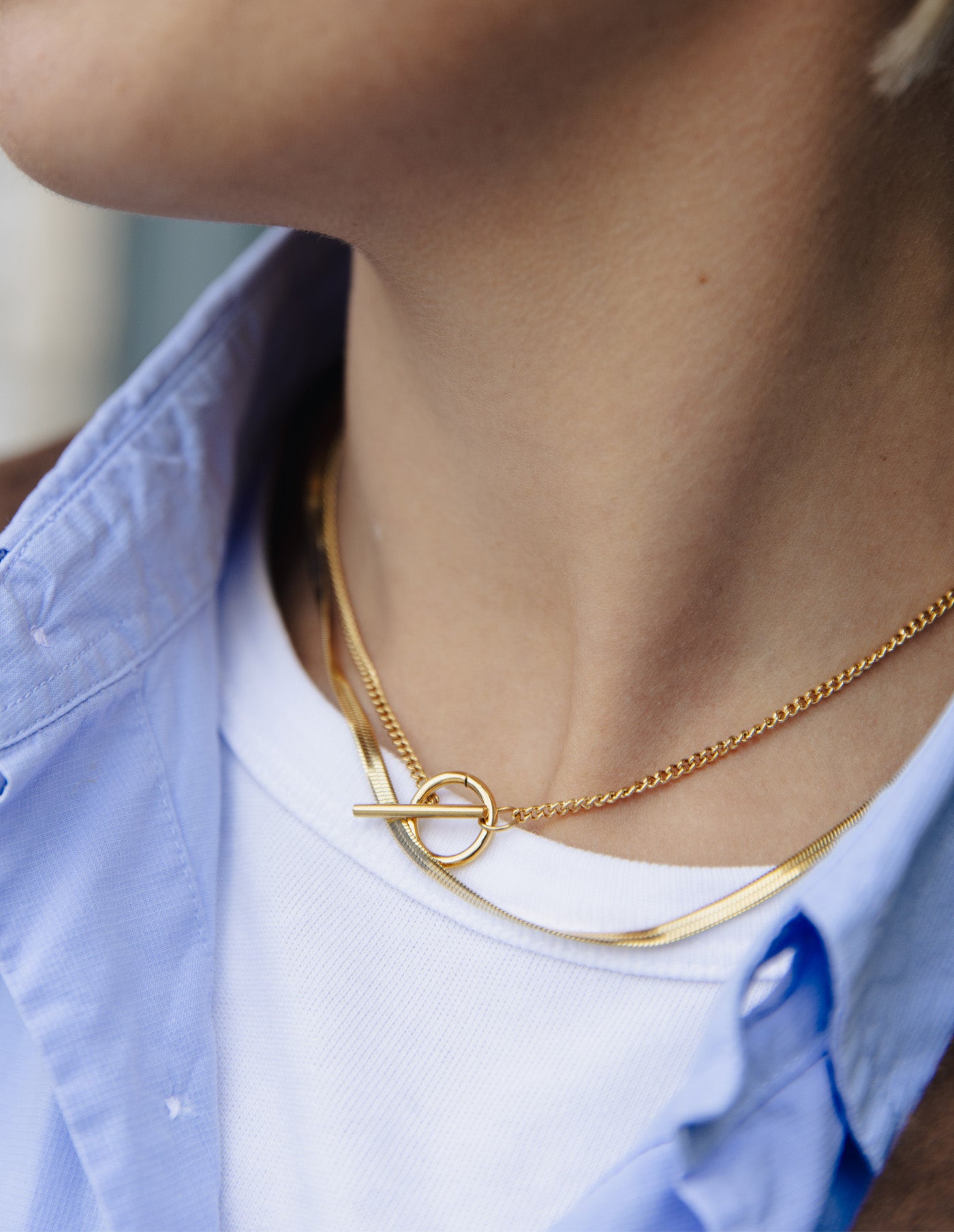 Gold Herringbone Toggle Chain Necklace, Tarnish-Free Gold Plating