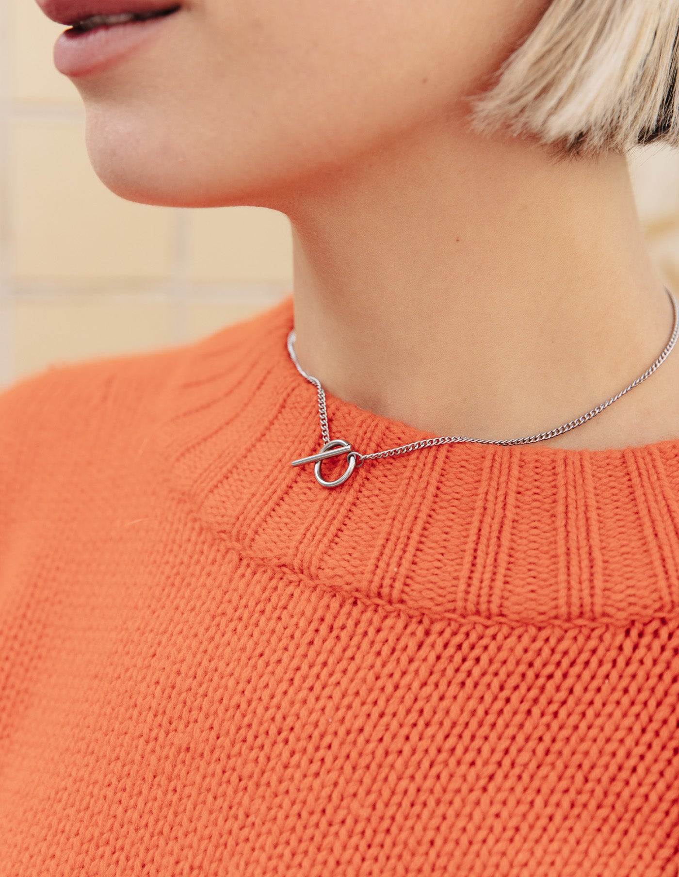 Silver Herringbone Toggle Chain Necklace, Tarnish-Free Silver Plating
