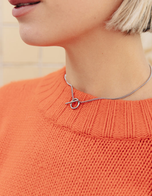 Silver Herringbone Toggle Chain Necklace, Tarnish-Free Silver Plating