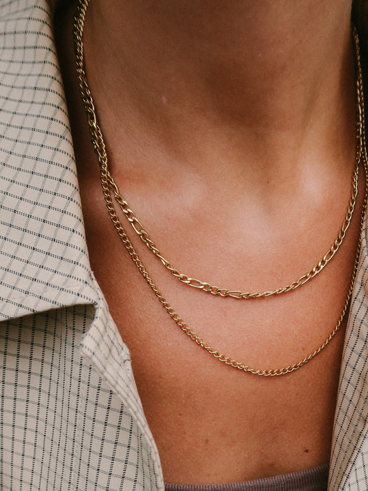 Gold Double Layer Figaro Chain Necklace, Tarnish-Free Gold Plating