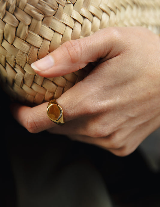 Gold Round Signet Ring, Tarnish-Free Gold Plating