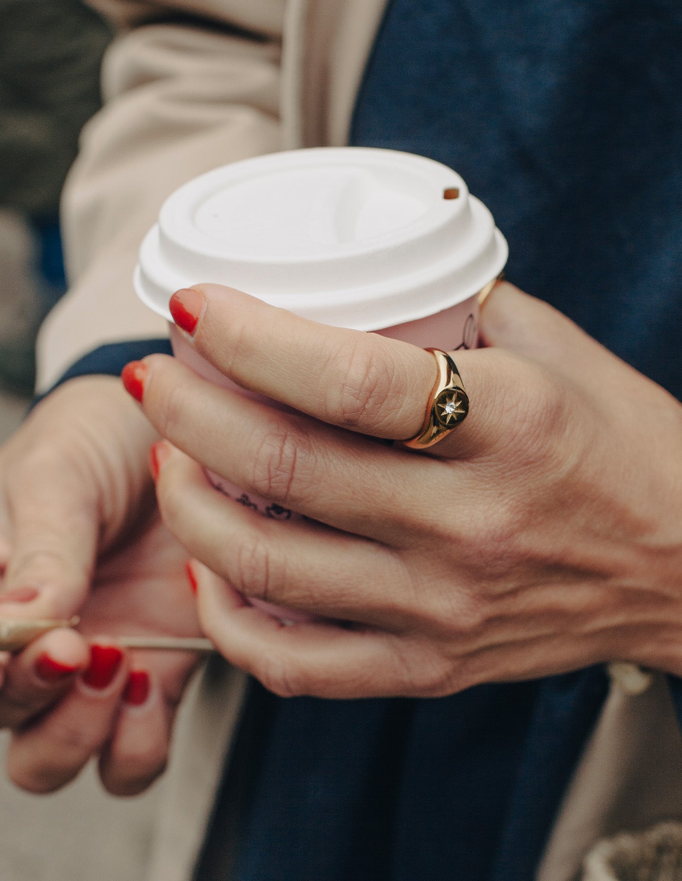 Gold Round Embossed Stone Signet Ring, Tarnish-Free Gold Plating