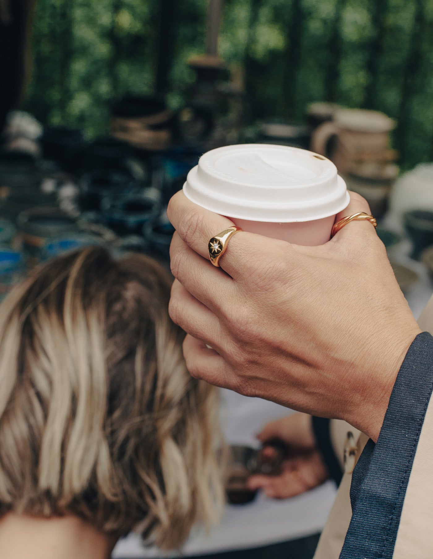 Gold Round Embossed Stone Signet Ring, Tarnish-Free Gold Plating