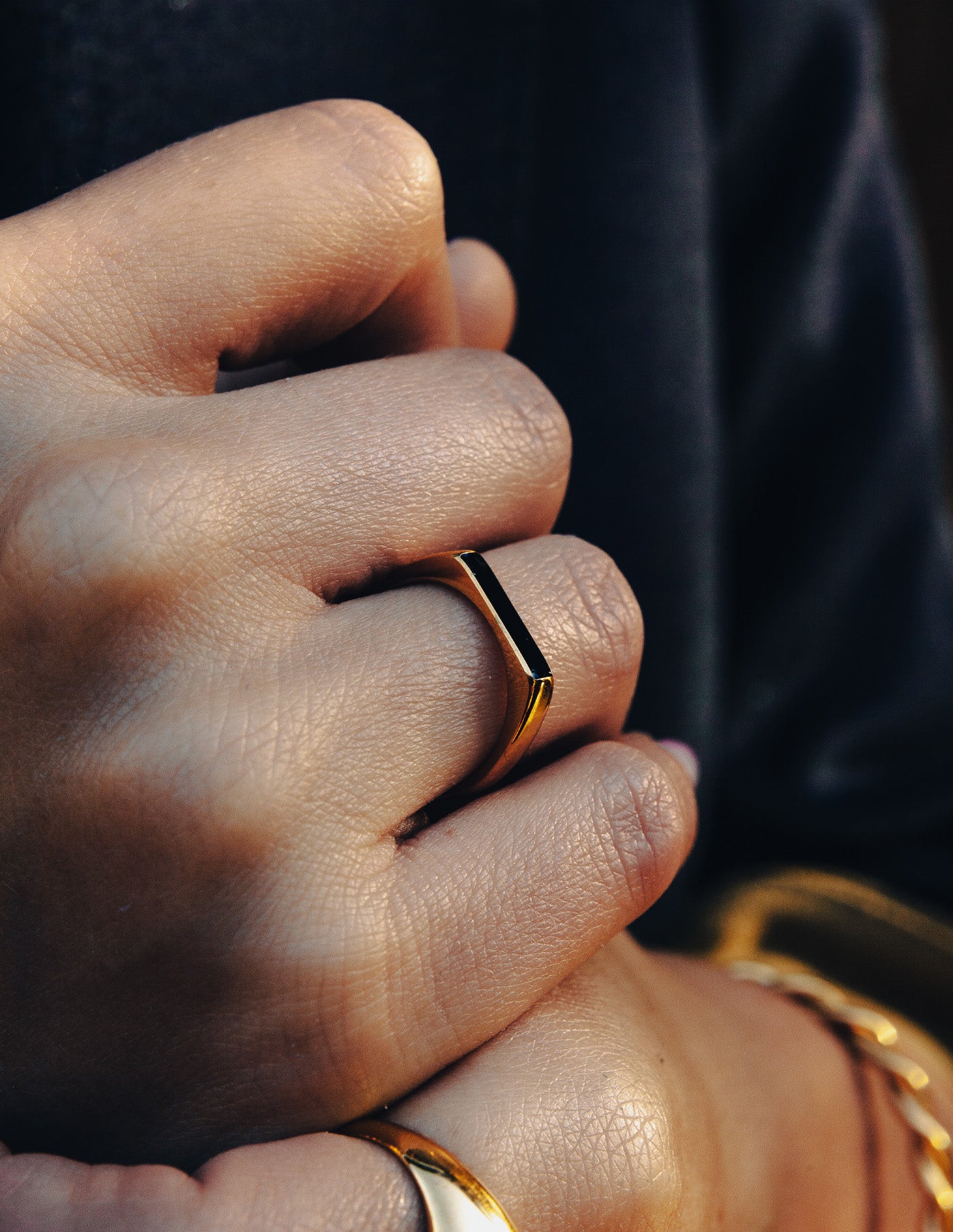 Gold Flat Black Stone Ring, Waterproof