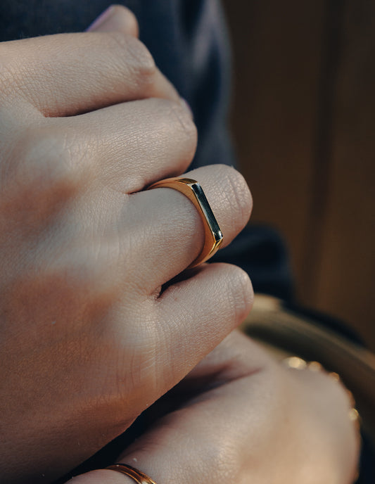 Gold Flat Black Stone Ring, Waterproof