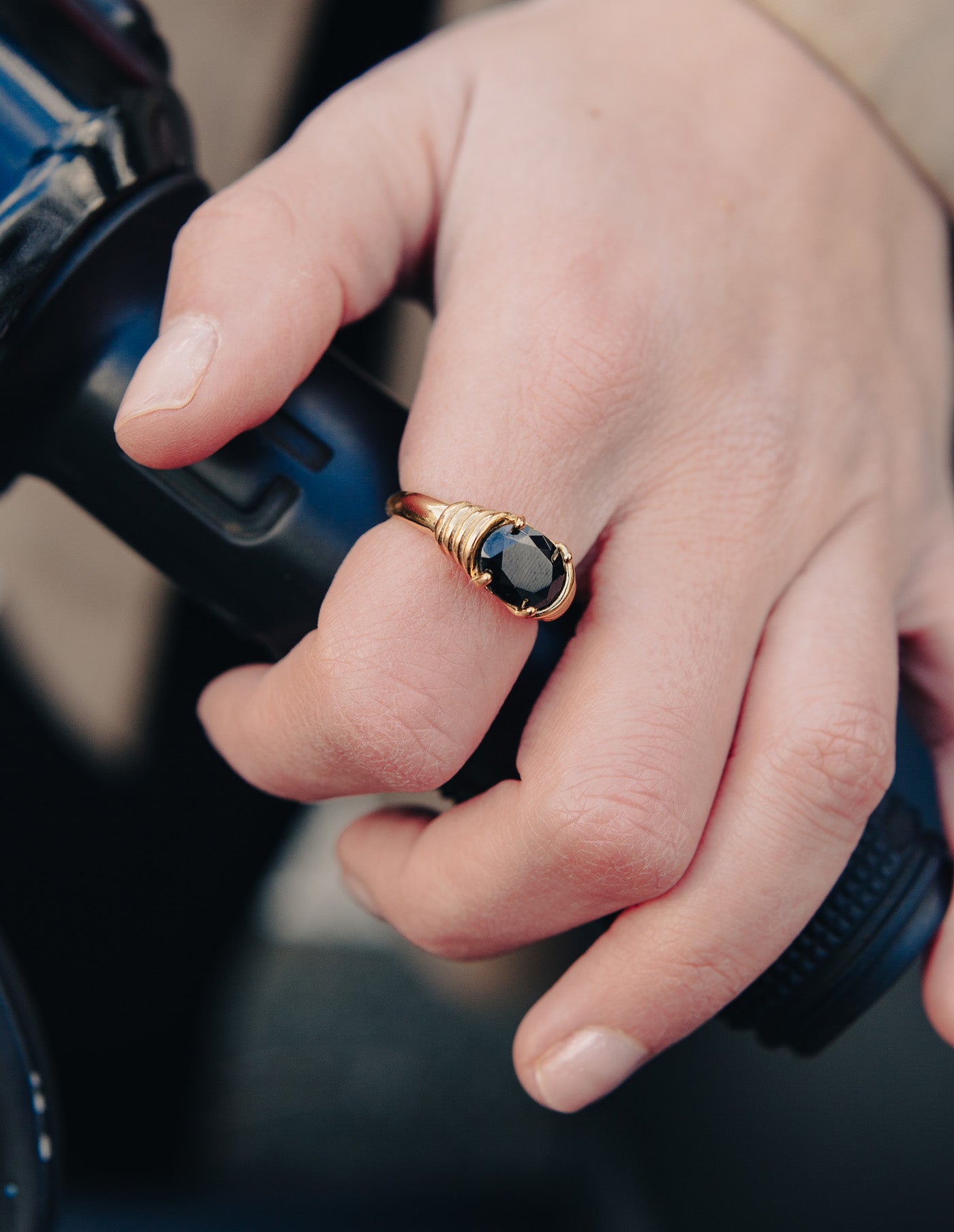 Gold Black Gemstone Raised Half Bezel Ring, Waterproof