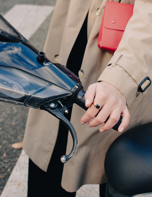 Gold Black Gemstone Raised Half Bezel Ring, Waterproof