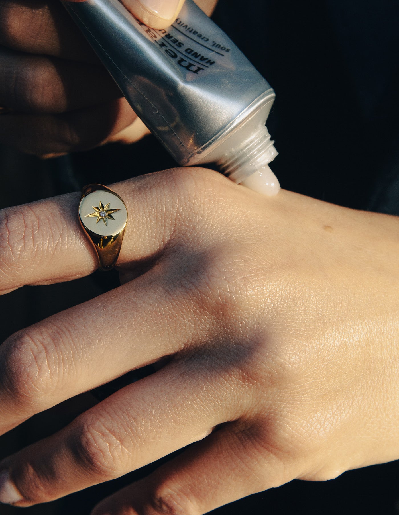 Gold Large Embossed Signet Ring, Waterproof