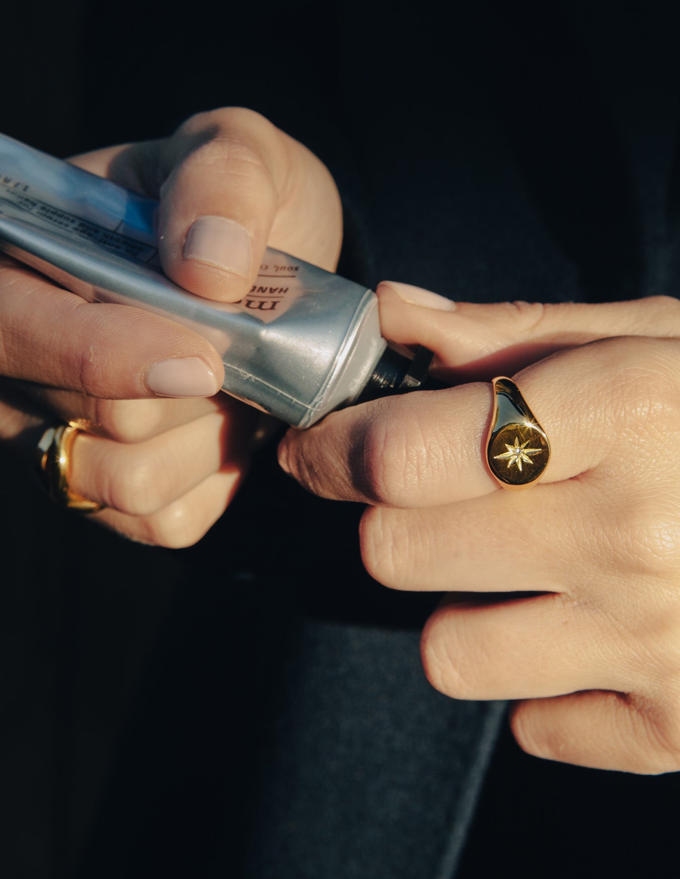 Gold Large Embossed Signet Ring, Waterproof