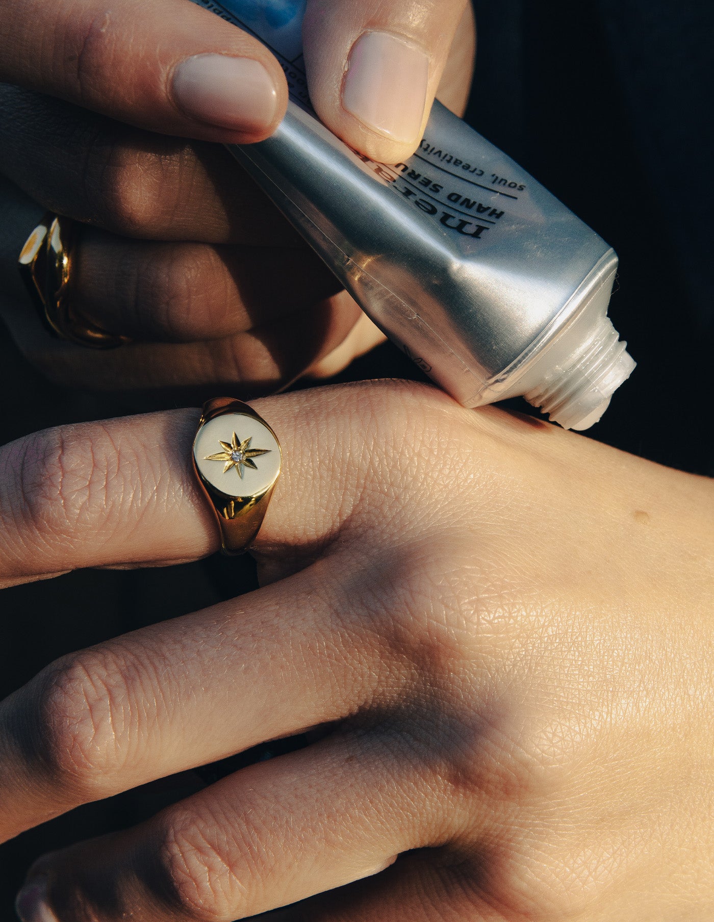 Gold Large Embossed Signet Ring, Waterproof