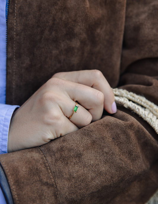 Dainty Rectangular Verdant Gemstone Ring, Tarnish-Free Gold Plating