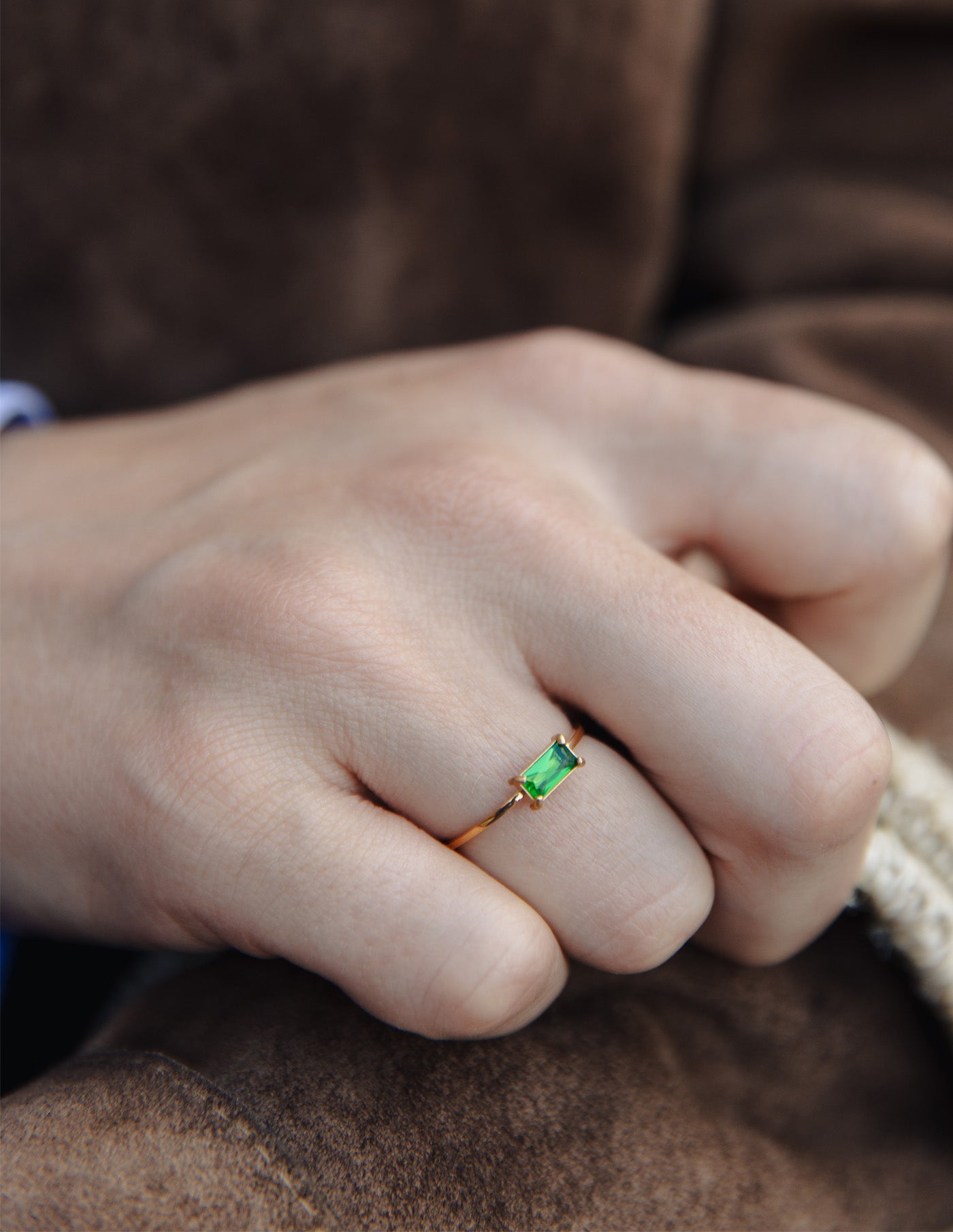 Dainty Rectangular Verdant Gemstone Ring, Tarnish-Free Gold Plating