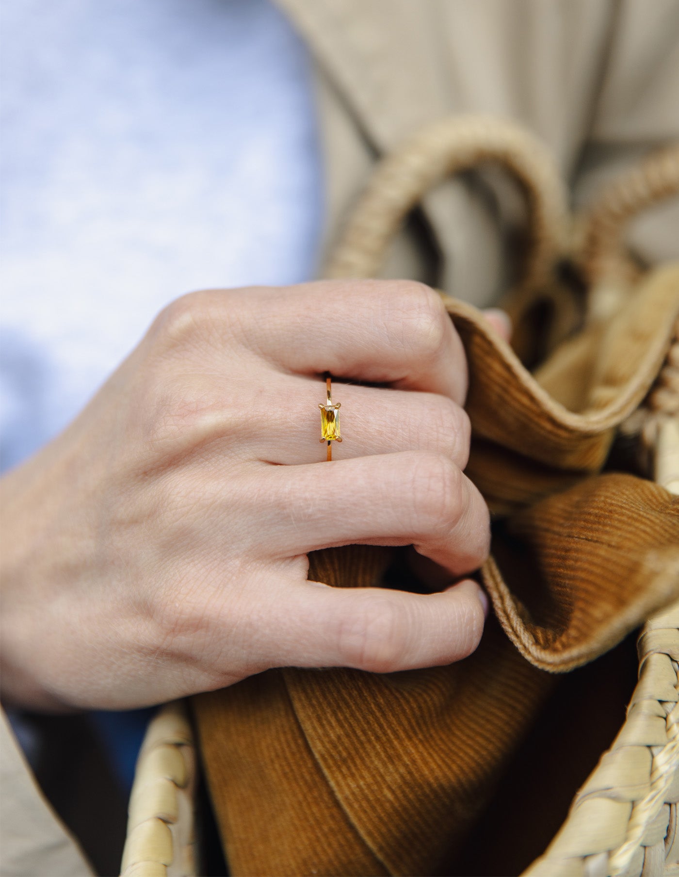 Dainty Rectangular Butter Gemstone Ring, Tarnish-Free Gold Plating