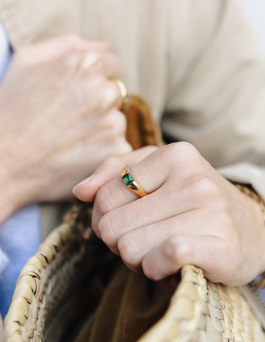 Gold Modern Gemstone Signet Ring, Tarnish-Free Gold Plating