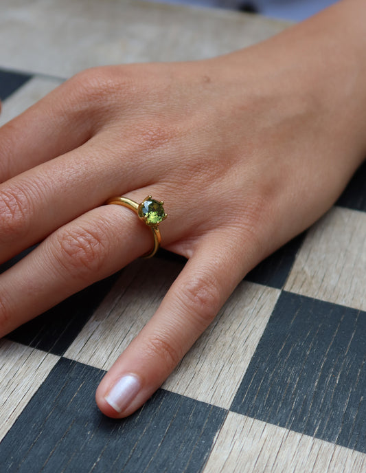 Gold Claw Set Green Gemstone Ring, Tarnish-Free Gold Plating