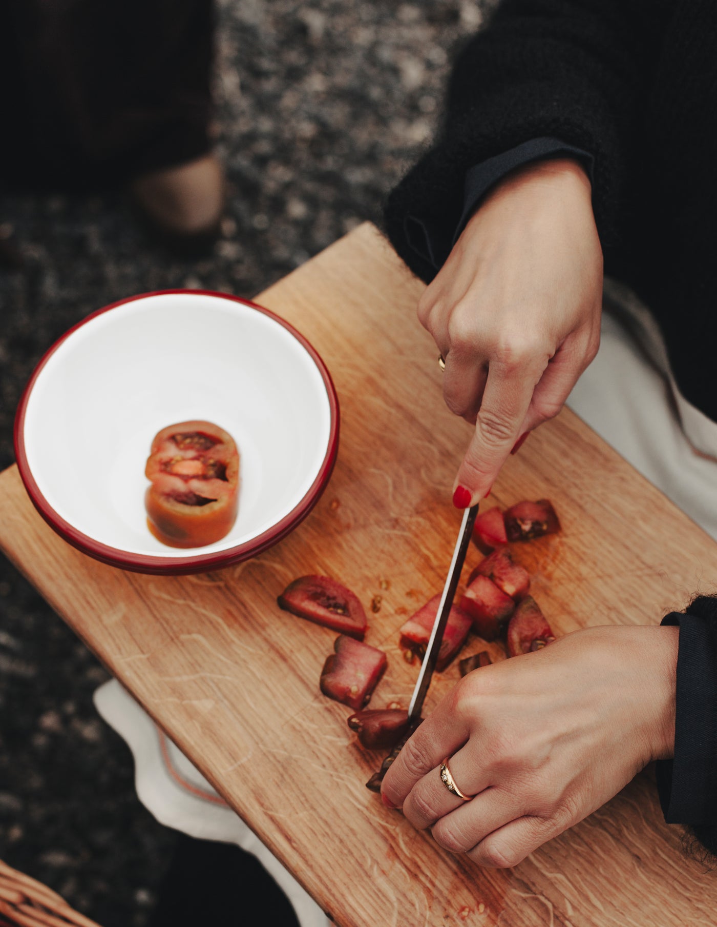 Burgundy Red Rimmed Enamel Bowl, 16cm