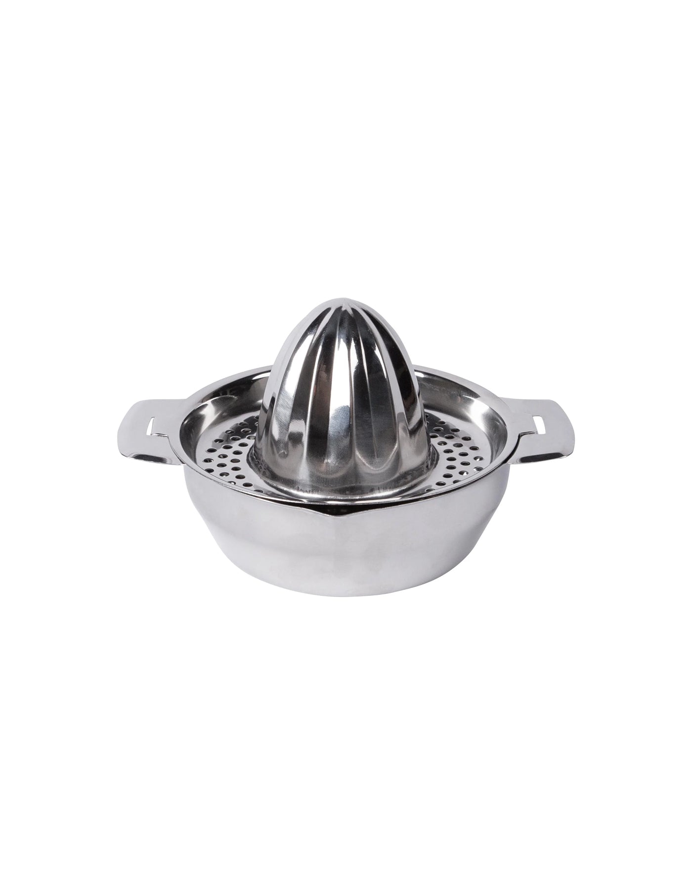 Stainless steel manual juicer on a white background